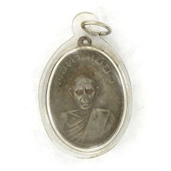Vintage Thai Silver Clay Monk Amulet in Nickel Pendant Case (ANT-1212)