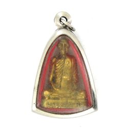 Vintage Thai Bronze Monk Amulet in Nickel Pendant Case (ANT-1216)