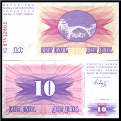 1992 Bosnia 10 Dinara Crisp Unc Note (CUR-06140)