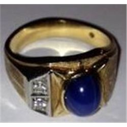 14K MENS GOLD RING W/.12 CT VS DIAMONDS AND LINDE BLUE STAR SAPPHIRE, 9 GRAMS GOLD