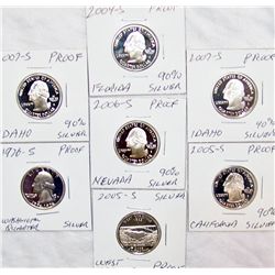 (7X The Bid) U.S. Silver "Proof" Washington and State Quarters.
