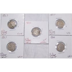 (5X The Bid)  U.S. 3-Cent Pieces. VG-Fine. 1866-1867.