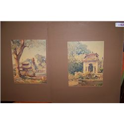 Pair of Water Color prints depicting japanese Temples, matted unframed