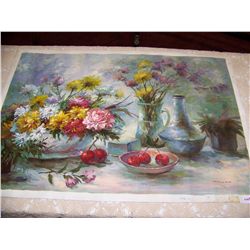 Oil on Canvas Painting signed Hallam Still Life with Flowers 24T x 39 W