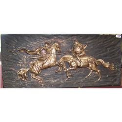 Vintage Bas Relief KNIGHTS JOUSTING ON HORSEBACK 25.5T x 58W  (Fineise Originals) inscribed