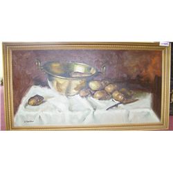 C. Marlow  Oil on canvas  Still life with Pears on table. Framed 23.5T x 43.5 W