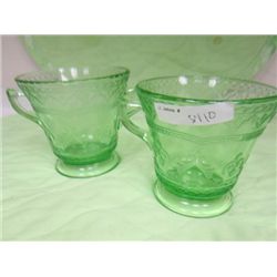 2 pc green depression glass creamer and sugar