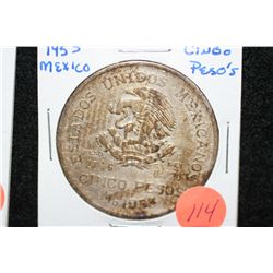1953 Mexico Cinco Pesos coin ley .720