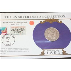 1891-O Silver Morgan $1 w/stamps including historic 5 cent stamp