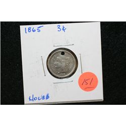 1865 Three Cent piece, holed