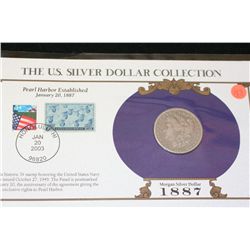 1887-O Silver Morgan $1 w/stamps including historic 3 cent stamp