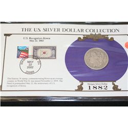 1882-S Silver Morgan $1 w/stamps including historic 5 cent stamp