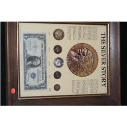 Framed The Silver Story coinage w/ 1935-F US Silver Certificate $1, Blue Seal, # *64509740F