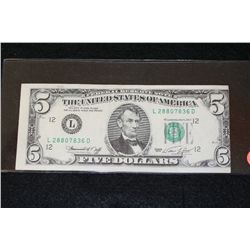 1974 US Federal Reserve $5, San Francisco Reserve, #L28807836D, off center front