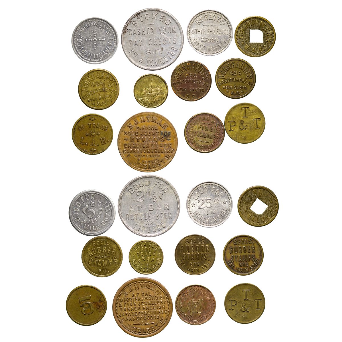 CA San Francisco,c1878, c1900. c1915, c1920, c1940 San Francisco Tokens