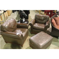 2 LEATHER ARMCHAIRS & 1 OTTOMAN