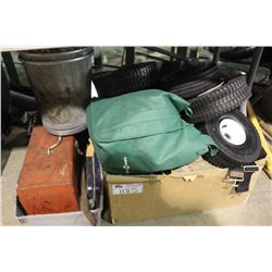 ASSORTED GARDEN TOOLS AND GOLF CLUBS