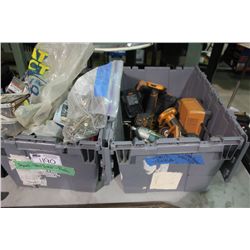 2 CRATES WITH ASSORTED FASTNERS AND CORDLESS TOOLS