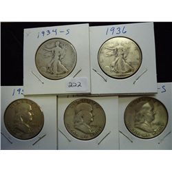 1934-S,36,51-P/D/S HALF DOLLARS 5 COINS