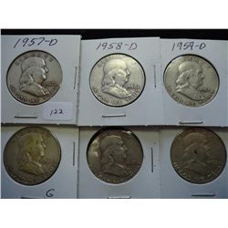 1957-D,58-D,59-D,61-D,62-D &63-D FRANKLIN HALVES