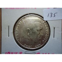 1937-J GERMANY SILVER 5 MARK WITH SWASTIKA