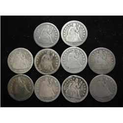 10 ASSORTED SEATED LIBERTY DIMES ASSORTED 1850'S