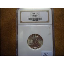 1964 WASHINGTON SILVER QUARTER NGC MS65 T