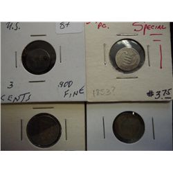 2 THREE CENT PIECES (SILVER), 1872 3 CENT NICKEL