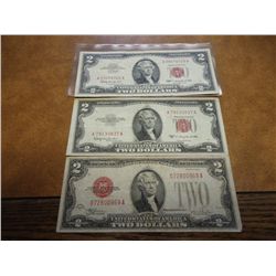 1928-F,53-C & 63 TWO DOLLAR RED SEAL US NOTES