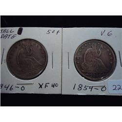 1846-O SEATED HALF LARGE DATE, & 54-O SEATED HALF