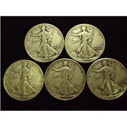 5 ASSORTED 1940'S WALKING LIBERTY HALF DOLLARS