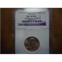 1944 WASHINGTON SILVER QUARTER NGC UNC DETAILS