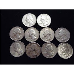 10 ASSORTED 1960'S WASHINGTON SILVER QUARTERS