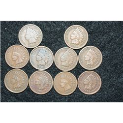 Indian Head penny, various dates & conditions, lot of 10