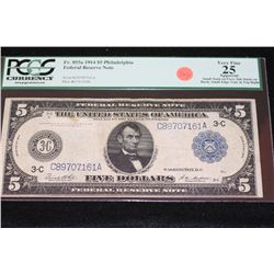1914 US Federal Reserve Note $5, Philadelphia PA Reserve, #C89707161A, PCGS graded VF25