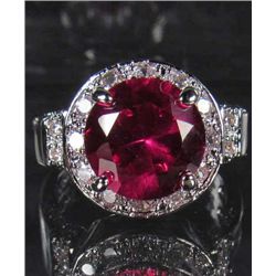 1619 - 26.5 CTW - WHITE GOLD PLATED RED GARNET AND WHITE TOPAZ RING - SZ 8