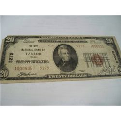 VERY SCARCE 1929 $20 TAYLOR NATIONAL BANK NOTE