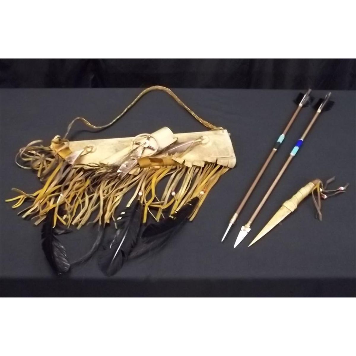 Leather Arrow Quiver, 2 Beaded Arrows & Knife