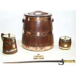 Early C20th coopered oak biscuit barrel with silver plated mounts; and brass