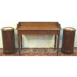 Pair of reproduction mahogany cylinder pot cupboards with marble inset tops