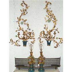 Pair of gilt & polychrome painted metal 3-light wall appliques in the form of