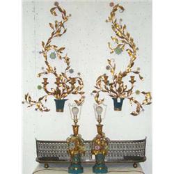 Pair of painted metal table lamps in the form of baskets of flowers