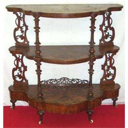 Victorian burr walnut bowfronted 3-tier whatnot with serpentine angles