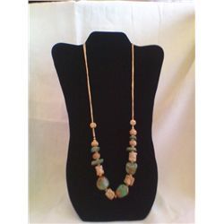24" Beaded Necklace Silver/Silver Colored with Turquoise & Carved Beads