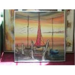 1972 SIGNED ORIGINAL OIL PAINTING OF HARBOR WITH DISTANT ISLAND