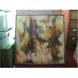 LARGE SIGNED ORIGINAL OIL PAINTING FROM 60'S-70'S  BRIDGE/HARBOR SCENE BRIGHT COLORS WOOD FRAME