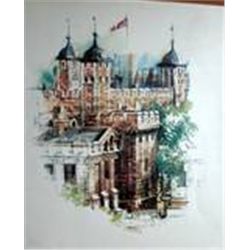 FRAMED MATTED WOOD AND GLASS POSTER OF TOWER OF LONDON BY ERIC MASON  25"X 21"