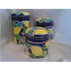 Set of 3 Blue, Green and Yellow Floral Canisters 8", 6" and 4/5" tall
