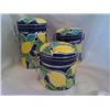 Image 1 : Set of 3 Blue, Green and Yellow Floral Canisters 8", 6" and 4/5" tall