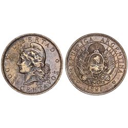 Argentina. Republic AE 2 Centavos 1891. Nice AU.